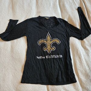 New Orleans Saints Women's Sheer Long Sleeve Bedazzled Shirt Sexy XL EUC